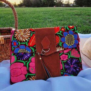 COPY - Multicolor Bright Floral Embroidered Purse Shoulder Handbag Tote Faux Su…